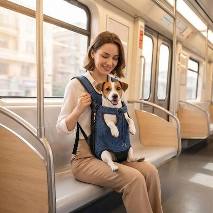 femme assise metro porte chien dans sac a dos chien