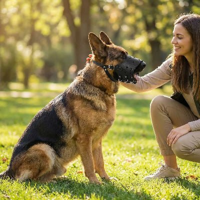 femme avec berger allemand dans herbe avec muselière pour chien