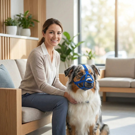 femme avec berger australien veterinaire museliere pour chien bleu