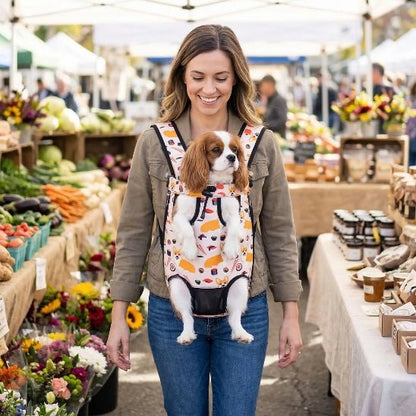 femme avec chien dans sac a dos chien au marche