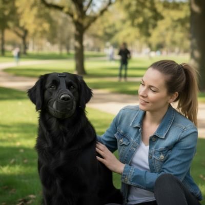 femme avec chien noir dans parc muselière pour chien noir