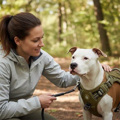 femme avec chien portant harnais pour chien kaki dans foret
