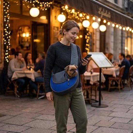 femme avec chien sac pour transporter chien léger terrasse soirée