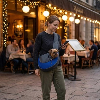 femme avec chien sac pour transporter chien léger terrasse soirée