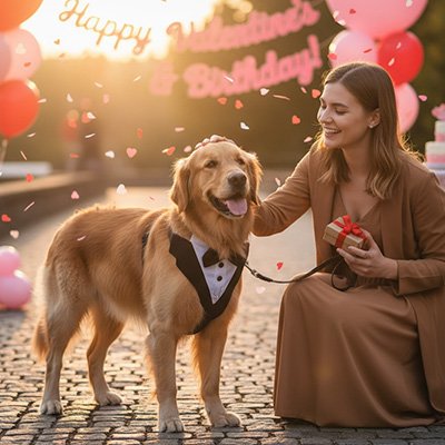 femme avec golden portant harnais chien smoking decor anniversaire