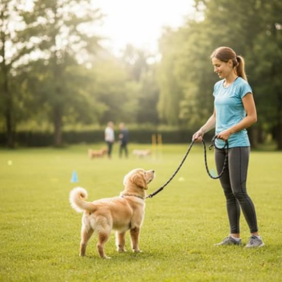 femme avec golden retriever parc utilisant longe pour chien noir