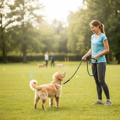 femme avec golden retriever parc utilisant longe pour chien noir