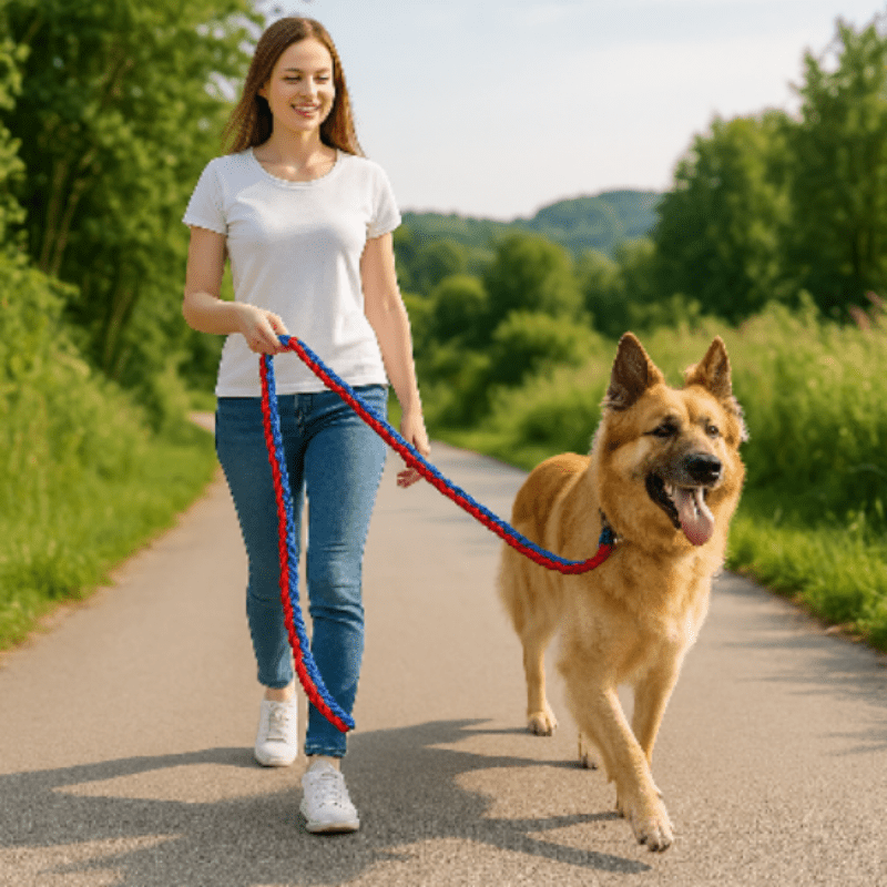femme avec laisse chien tressee rouge bleu sur sentier