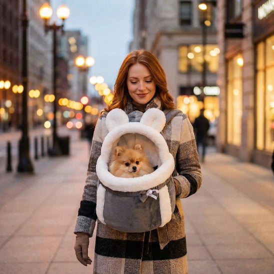 femme avec spitz ville dans sac a dos pour chien
