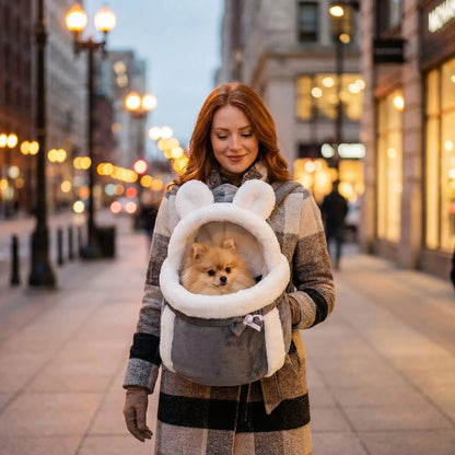 femme avec spitz ville dans sac a dos pour chien