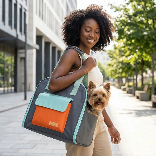 femme avec yorkshire dans sac a dos chien bleu