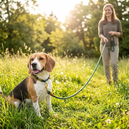 femme balade beagle assis herbe avec longe chien vert