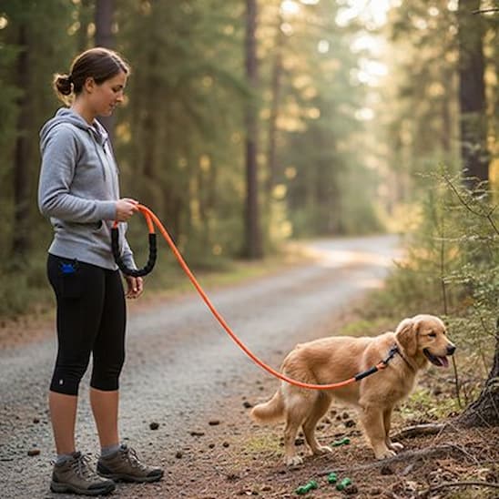 femme balade golden retriever foret avec longe pour chien orange