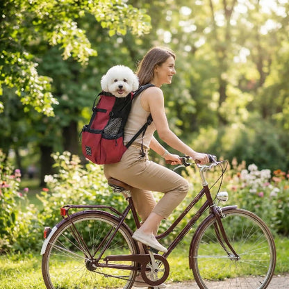 femme balade velo chien dans sac a dos pour chien