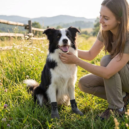femme caressant border collie assis herbe avec chaussure chien noir