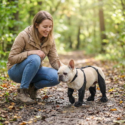 femme caressant bouledogue français avec bottes chien chemin forêt boueux