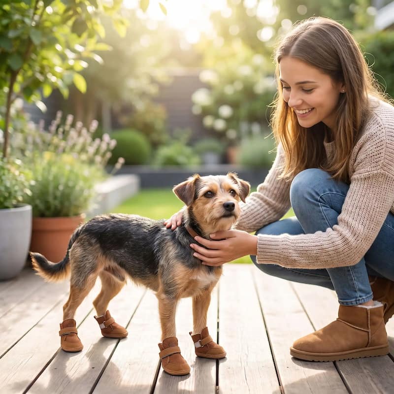 femme caressant chien avec chaussure chiens marron perron bois
