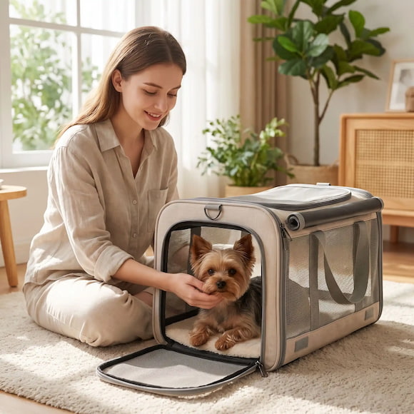 femme caressant yorkshire sac pour transport chien coussin moelleux