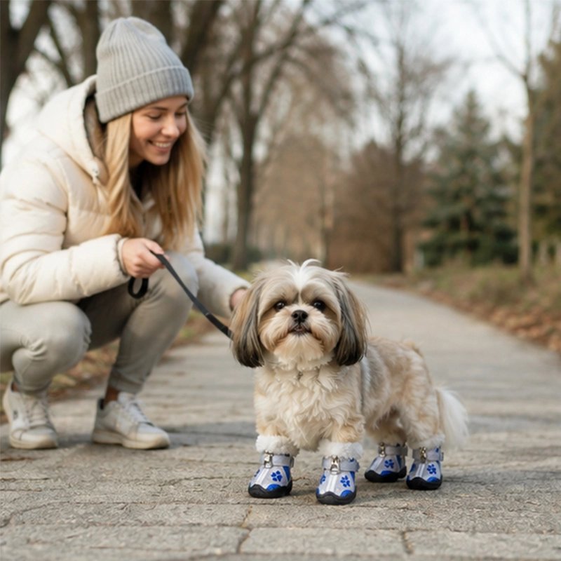 femme caresse shih tzu portant chaussure pour chien parc hivernal