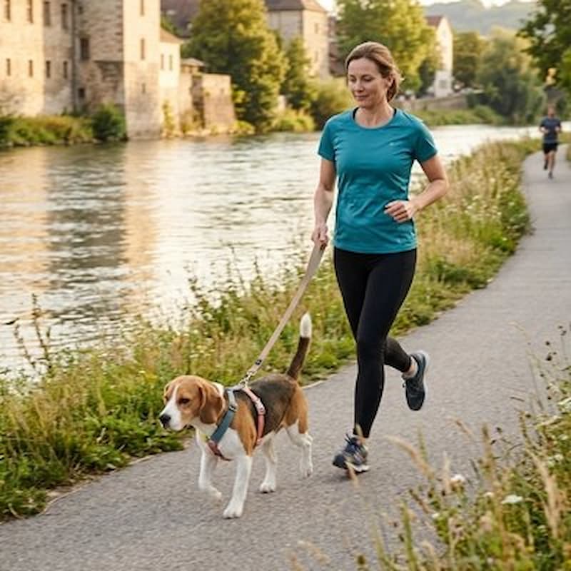 femme cours bord fleuve avec beagle portant harnais chien multicolore