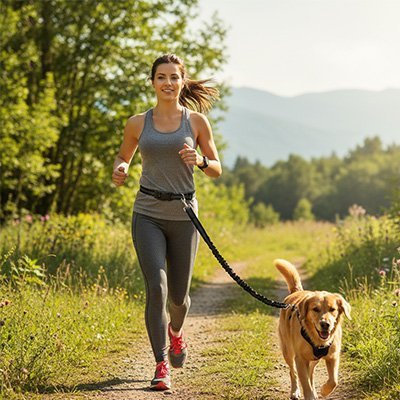 femme court avec laisse canicross sur chien dans campagne