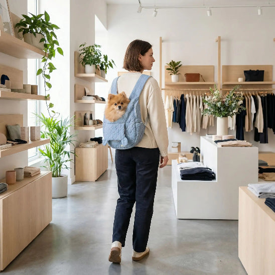 femme dans magasin spitz dans sac a dos chien bleu
