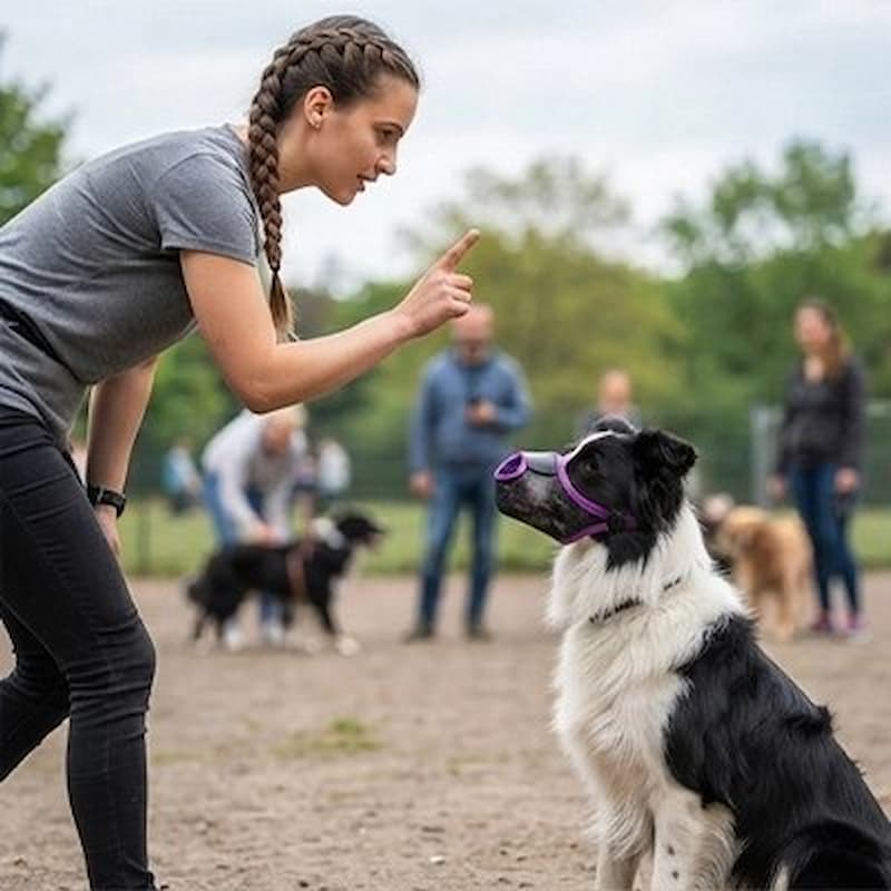 femme dresse border collie portant muselière chien
