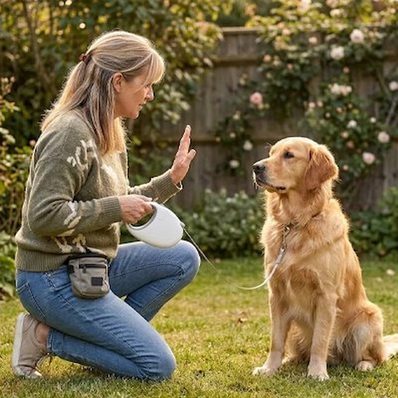 femme éduquant golden assis attaché avec laisse pour chien enrouleur