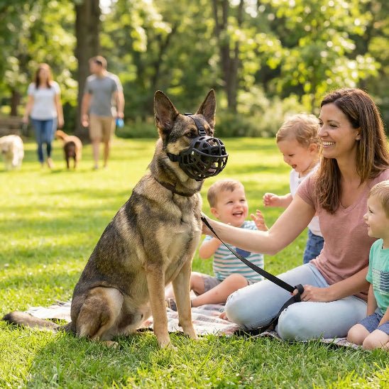 femme enfants assis dans parc avec chien avec museliere noir