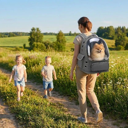 femme enfants campagne spitz dans sac a dos pour chien