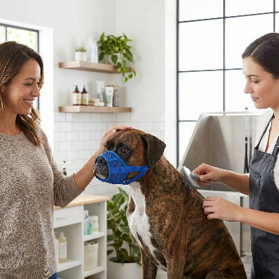 femme et boxer avec museliere bleu chez toiletteur