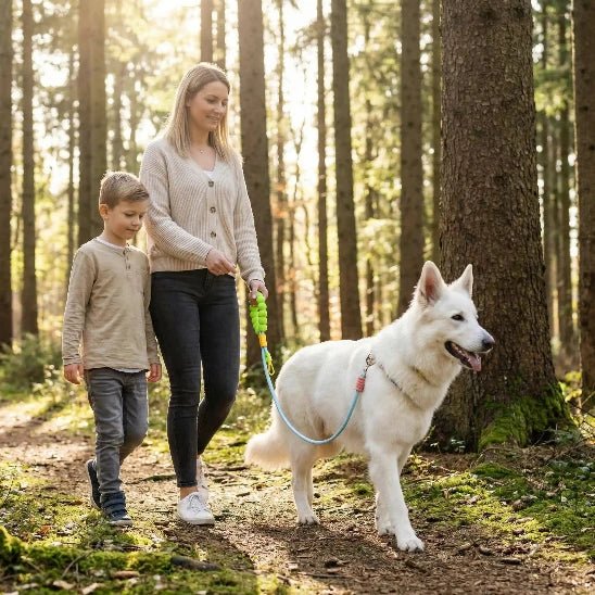 femme et garcon promenade chien chemin boise laisse chien bleu