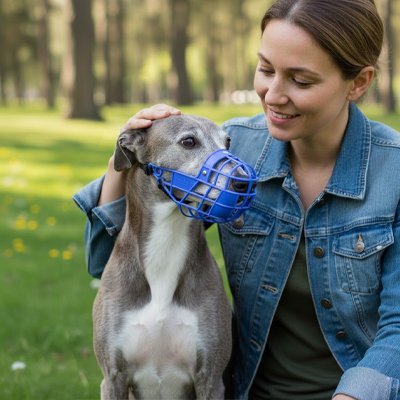 femme et levrier dans foret avec muselière chien bleu