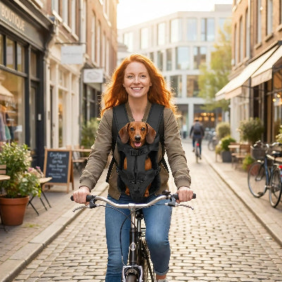 femme fait velo teckel dans sac a dos pour chien