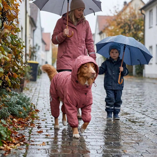 femme garcon promenent chien avec manteau pour chien rose pluie