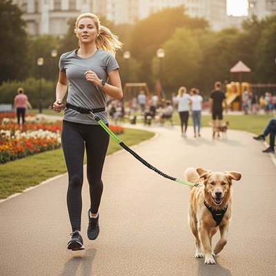femme jogging parc avec golden en laisse canicross vert fluo
