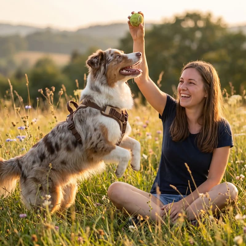 femme joue avec berger australien portant harnais chien anti traction