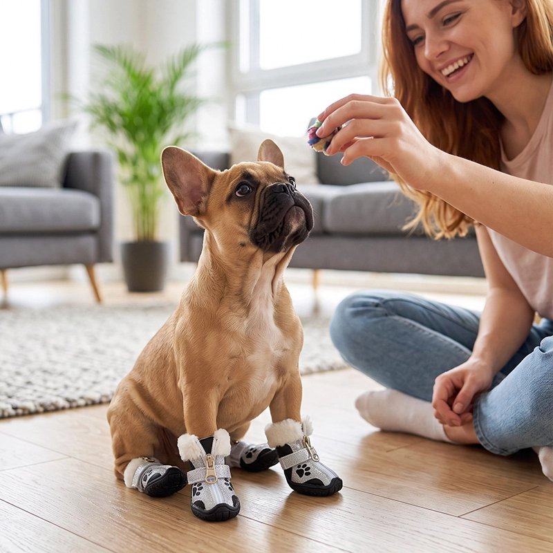 femme joue avec bouledogue français portant chaussure pour chien parquet