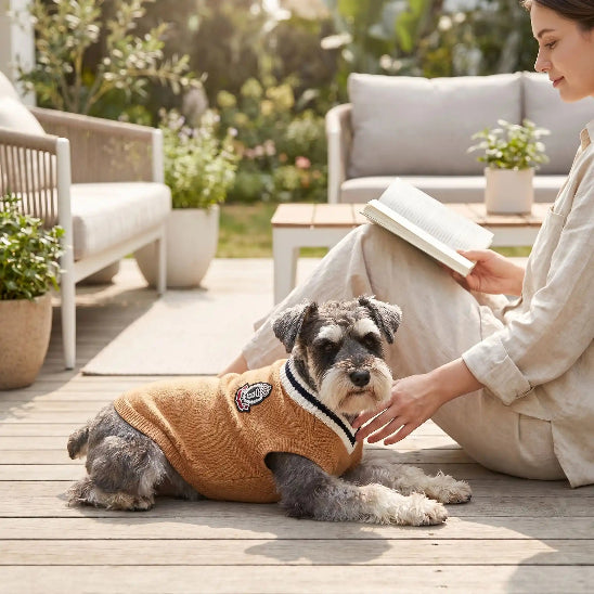 femme lit dehors avec schnauzer portant pull pour chien camel