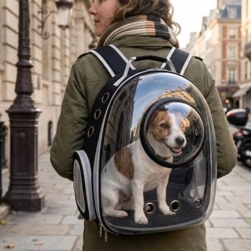 femme marchant ville porte jack russell sac à dos chien