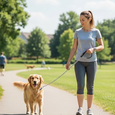 femme marche avec golden dans parc laisse pour chien chaine