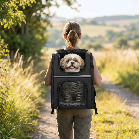 femme marche campagne chien dans sac à dos chien noir
