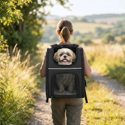 femme marche campagne chien dans sac à dos chien noir