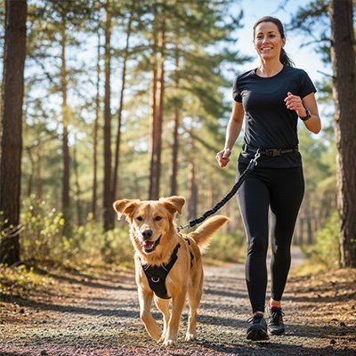 femme marche foret avec golden en laisse canicross noir
