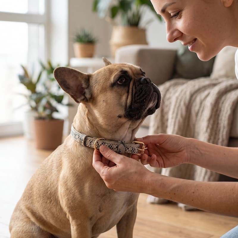 femme met collier pour chien serpent à son bouledogue français