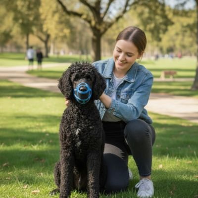femme met museliere pour chien bleu sur caniche noir