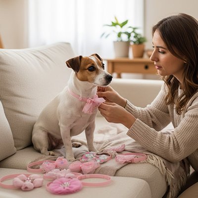 femme met noeud papillon chien rose sur jack russell