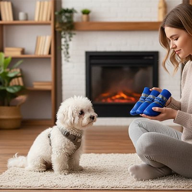 femme montre chausson pour chien bleu à son bichon cheminée allumée