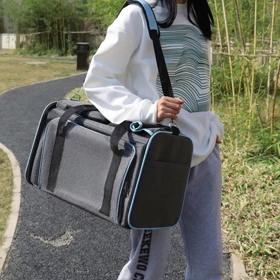 femme portant sac pour transport chien gris bleu bandoulière