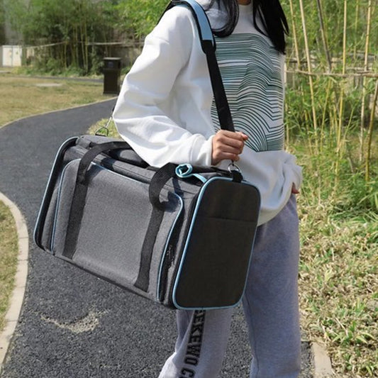 femme portant sac pour transport chien gris bleu bandoulière